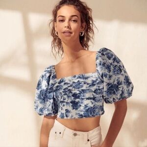 Abercrombie & Fitch Blue Floral Puff Sleeve Crop Top